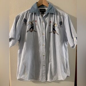 Vintage EXQUIZZIT SZ Small Golf Embroidered Shirt Golfing Bears‎ Pin Striped